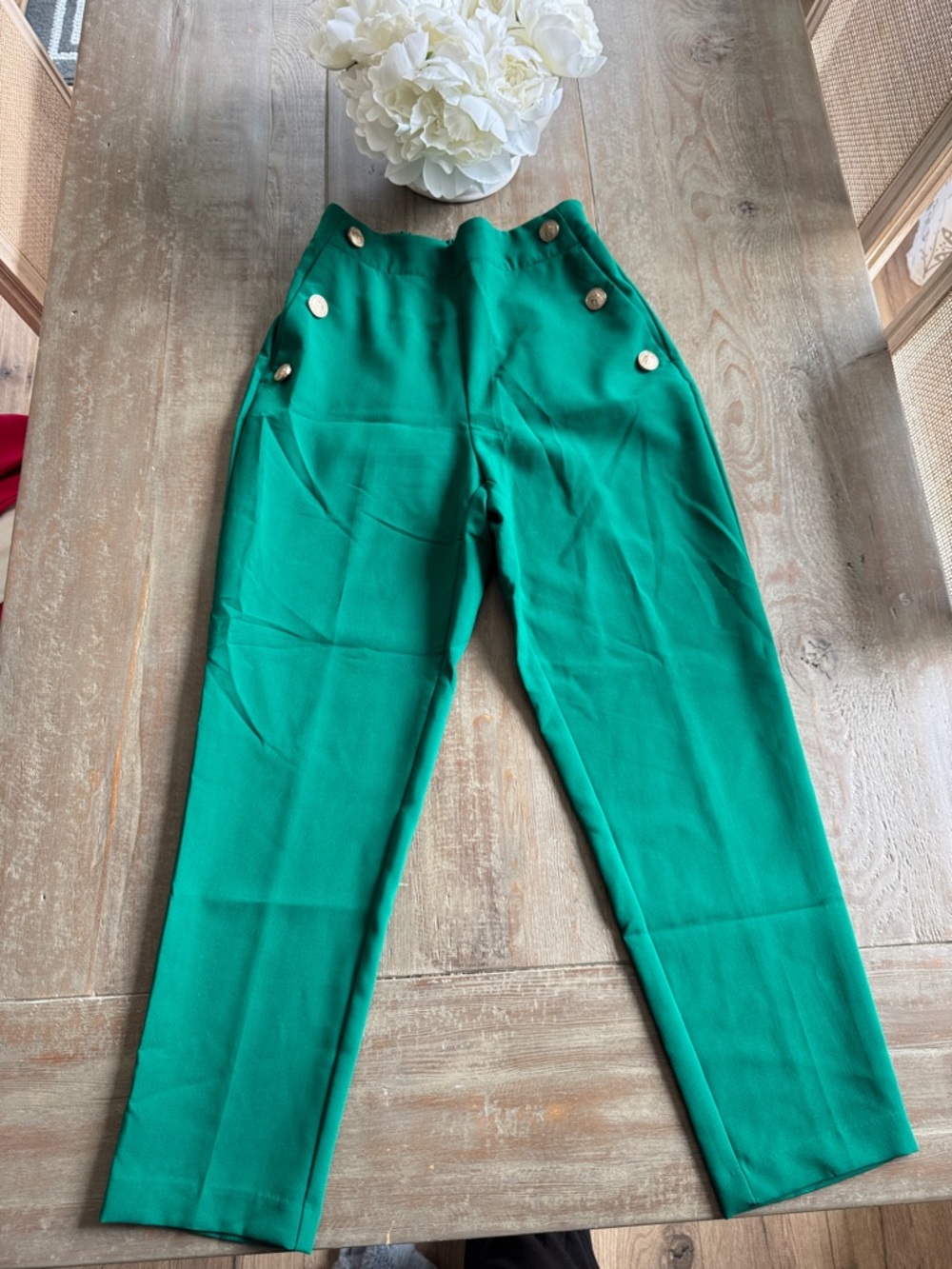 Zara Emerald Green High-Waist Button Trousers